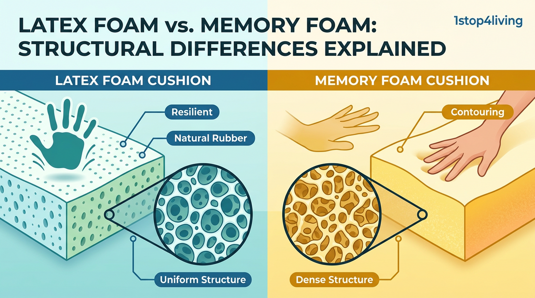Side-by-side comparison of latex foam and memory foam cushion showing structural differences