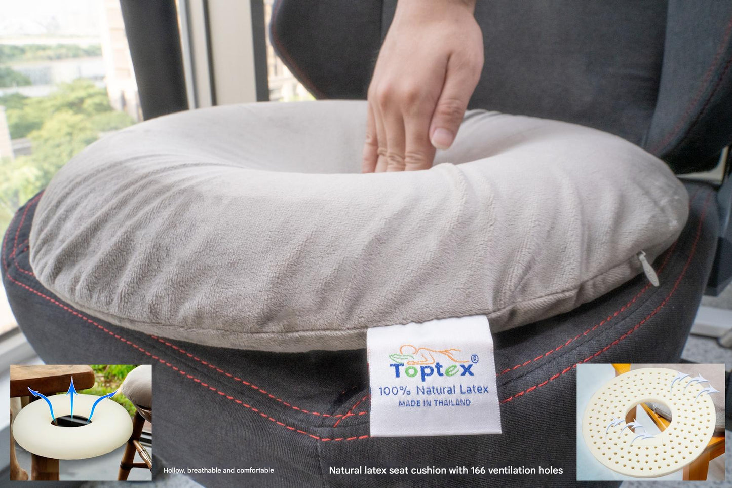 100% Natural Organic Latex Donut Cushion for Tailbone Pain, Coccyx & Hemorrhoid Relief – Firm Round Seat Pillow with Removable Washable Velvet Cover